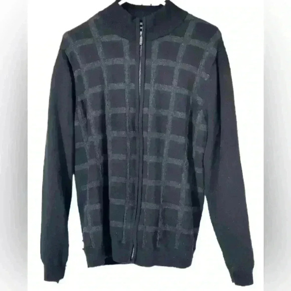 Ashworth Merino Wool Plaid Mens Sweater M Full Zip Black Gray - Picture 1 of 6